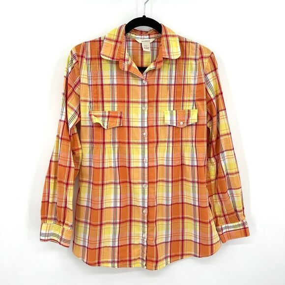 SUNDANCE Women's Orange Yellow Plaid 100% Cotton Button Up Shirt Size Small - Picture 1 of 5